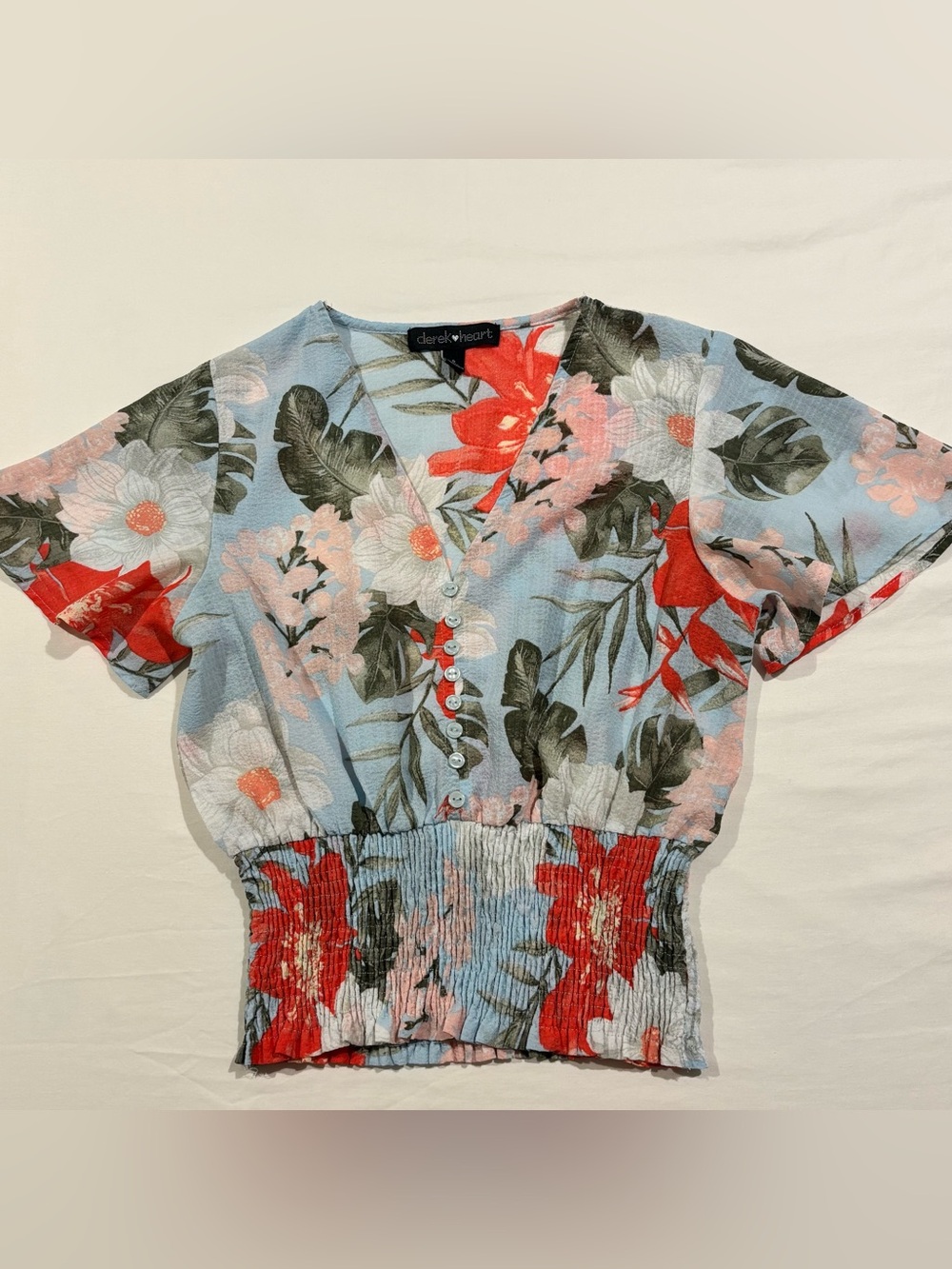 Derek Heart Light Blue Floral V-Neck Smocked Waist Blouse